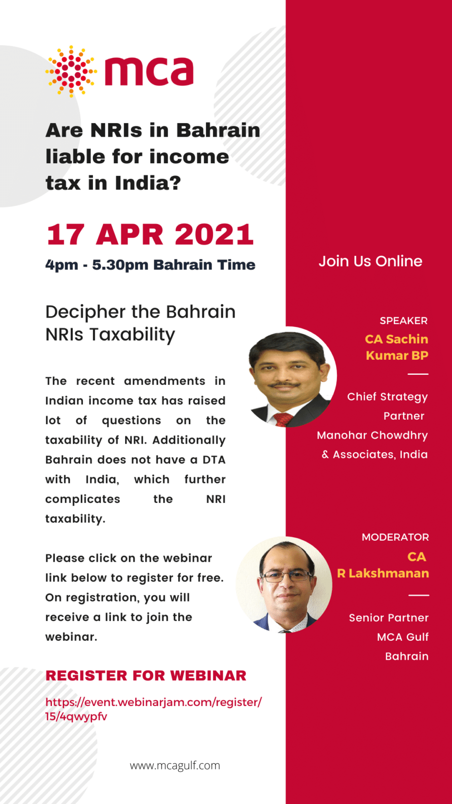 Webinar: Decipher the Bahrain NRIs Taxability MCA Bahrain NRI Taxation Webinar